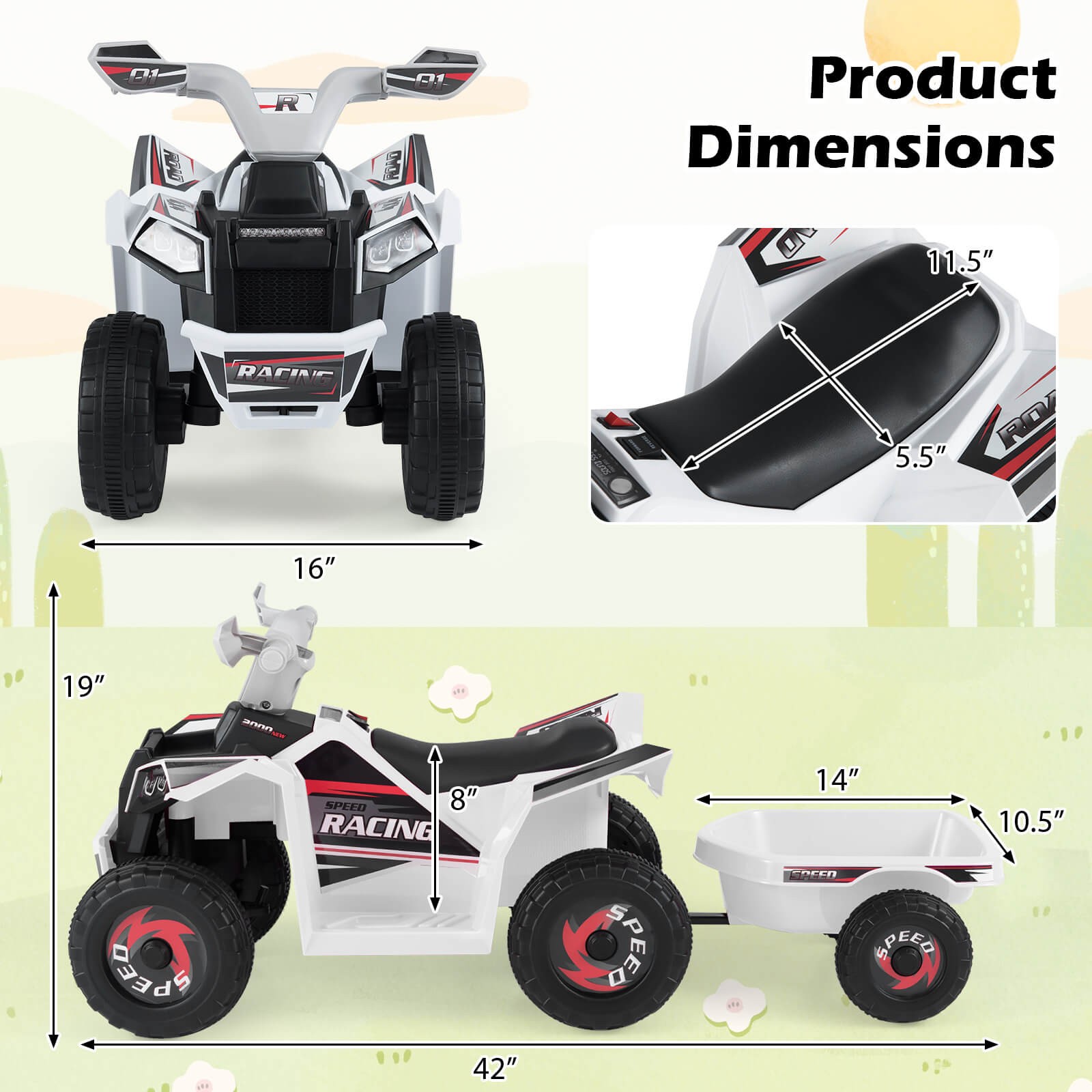 Kids Electric ATV Car, 6V Battery-Powered Ride on Toy w/Removable Back Trailer
