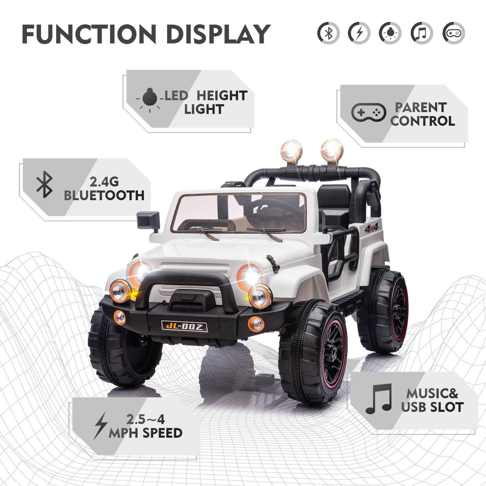 White Two Seater 12V Battery Kids Ride On Car Truck with 3 Speeds,LED,MP3,Remote