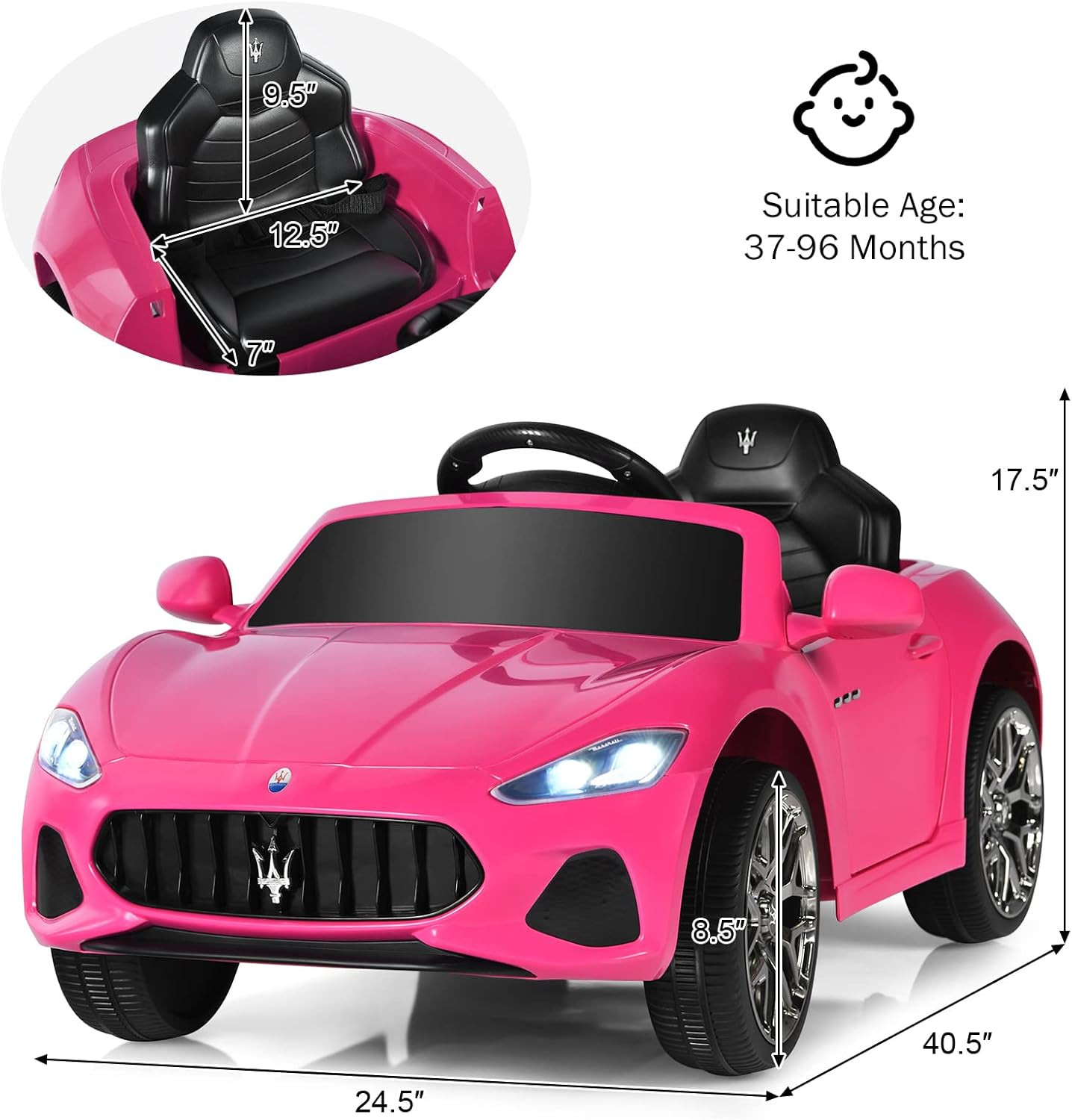 12V Kids Ride on Car, Pink Licensed Maserati Gran Cabrio Electric Vehicle with R