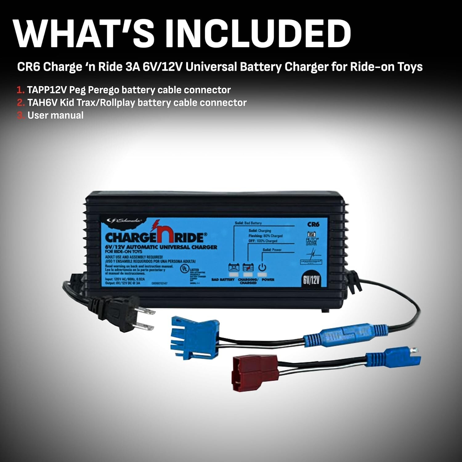 3 Amp Fully Automatic Charger for 6V/12V Ride-On Toys – Quick Connect System