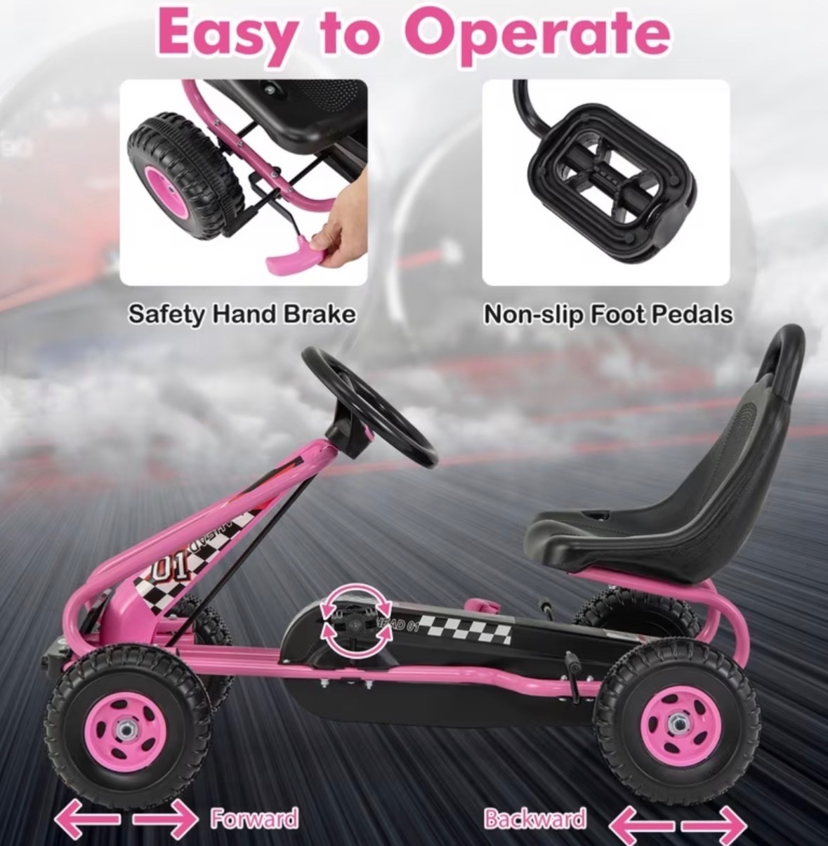 Pedal Go Kart, 4-Wheel Pedal Powered Ride On with Adjustable Seat, Handbrake