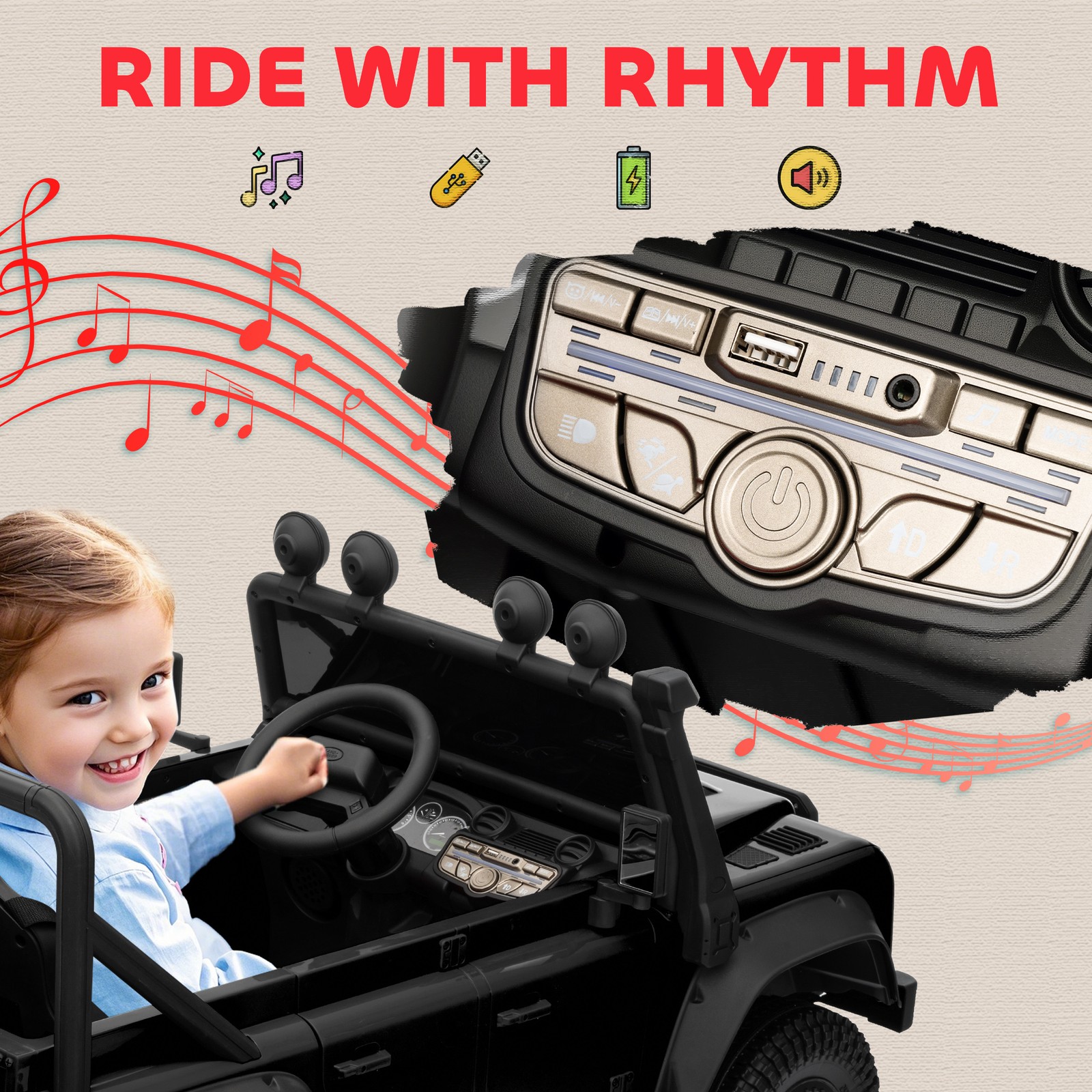 Kids Electric Car, Land Rover Licensed Off-Road Ride On Car, Black