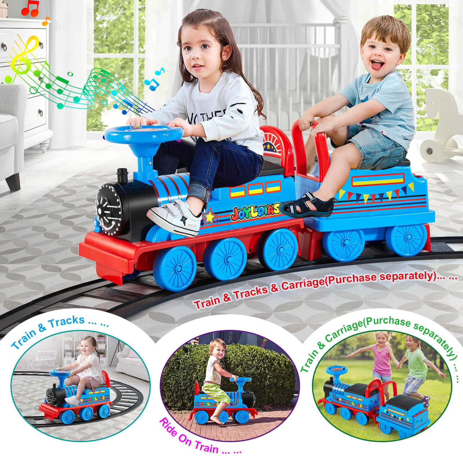Electric 6V Kids Ride On Train Toys w/Curved Tracks+Whistle+Music+Lights+Storage