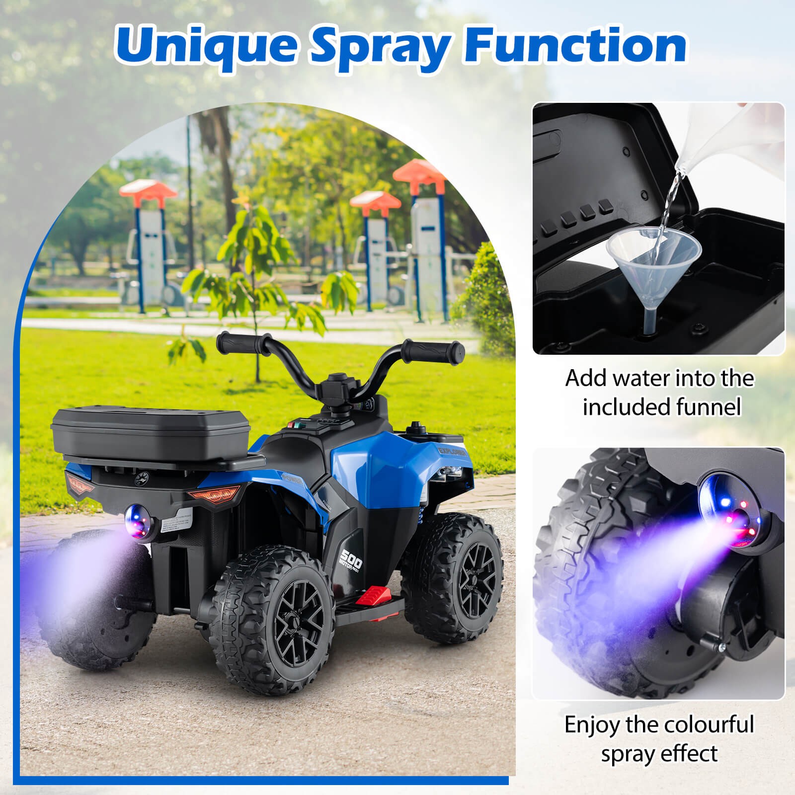 6V Kids Ride On ATV w/ Music & Spray Function USB Port Storage Box Toy Car