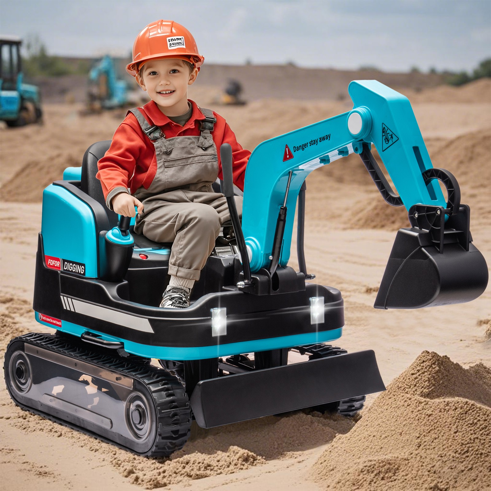 Blue 2IN1 12V Battery Kids Ride On Excavator+Bulldozer 360° 3Speeds,Music,Remote