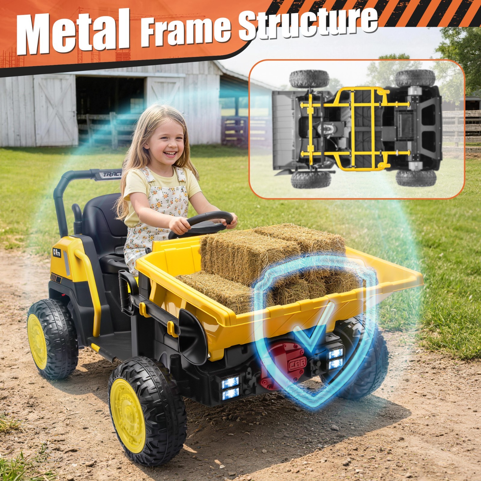 24V Kids Ride On Dump Truck, Remote Control, Metal Frame, Dump Bed & Shovel