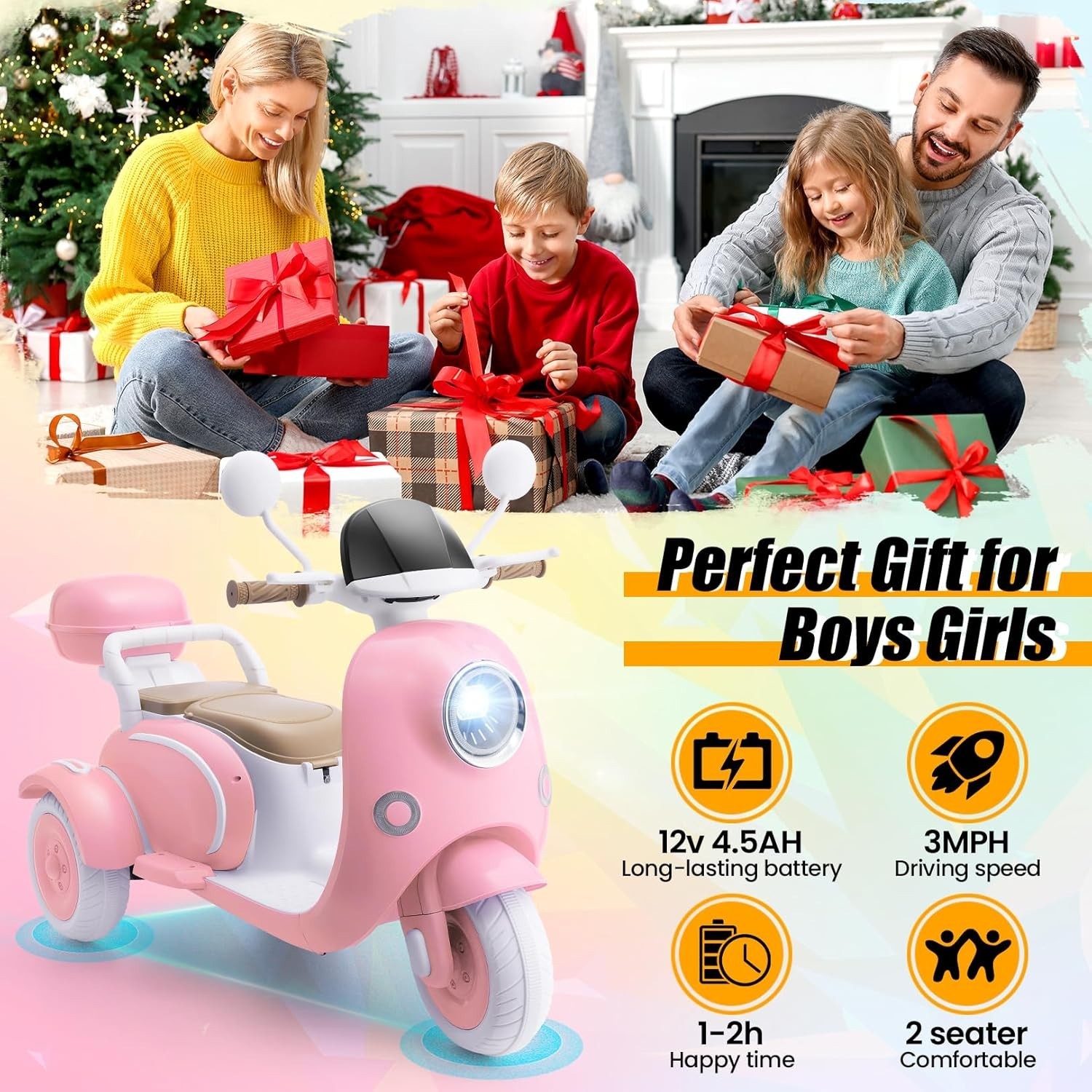2 Seater Kids Electric Motorcycle 3 Wheels Moped 12V Dual Motor Ideal Kids Gift*
