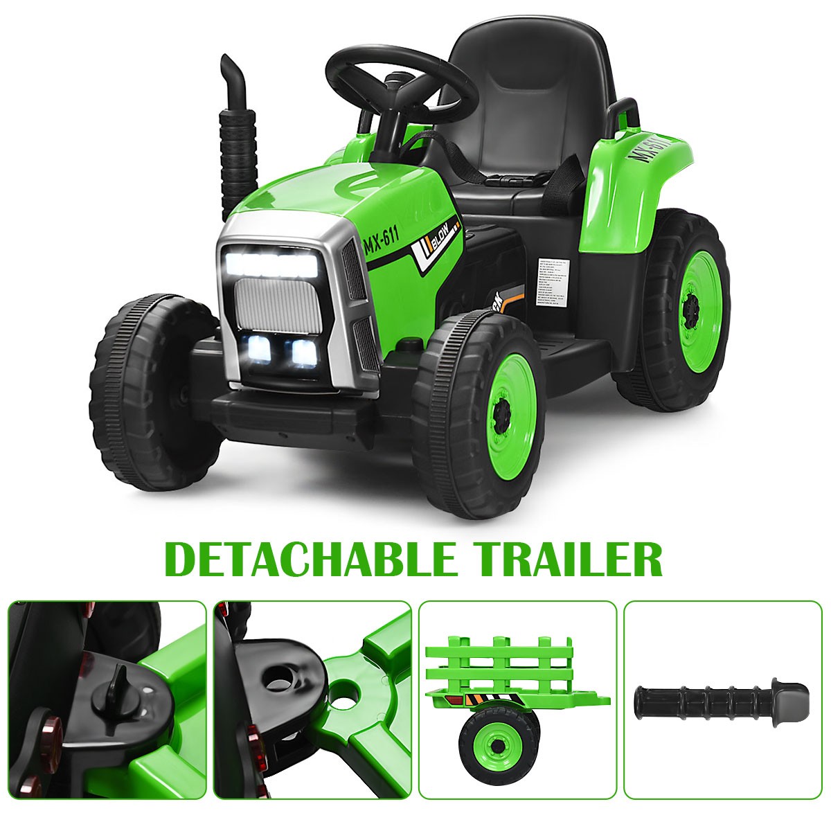 Honeyjoy 12V Kids Ride On Tractor with Trailer Ground Loader w/RC & Lights Green