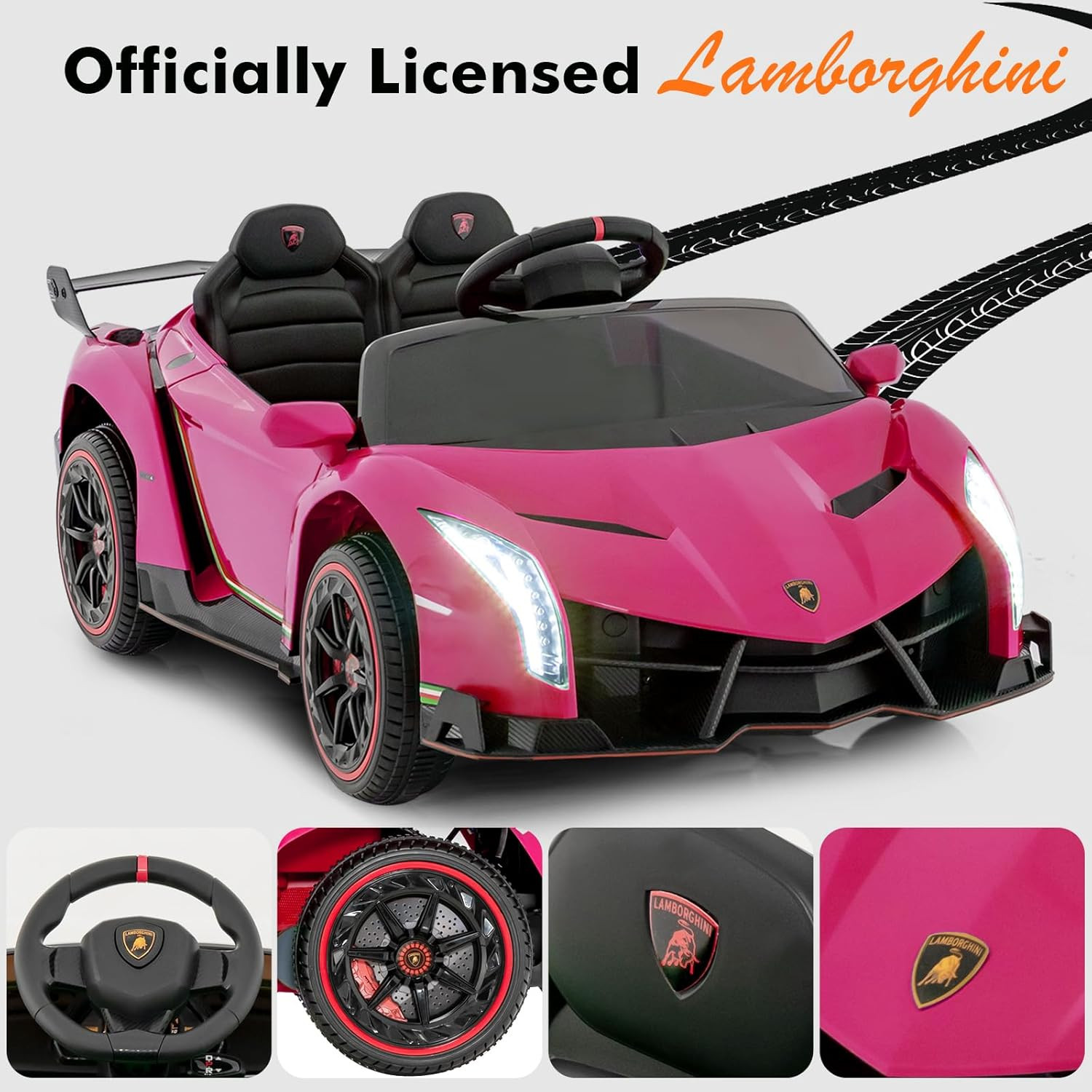 2 Seater Kids Ride on Car, 12V 4WD Licensed Lamborghini Veneno Powered Electric