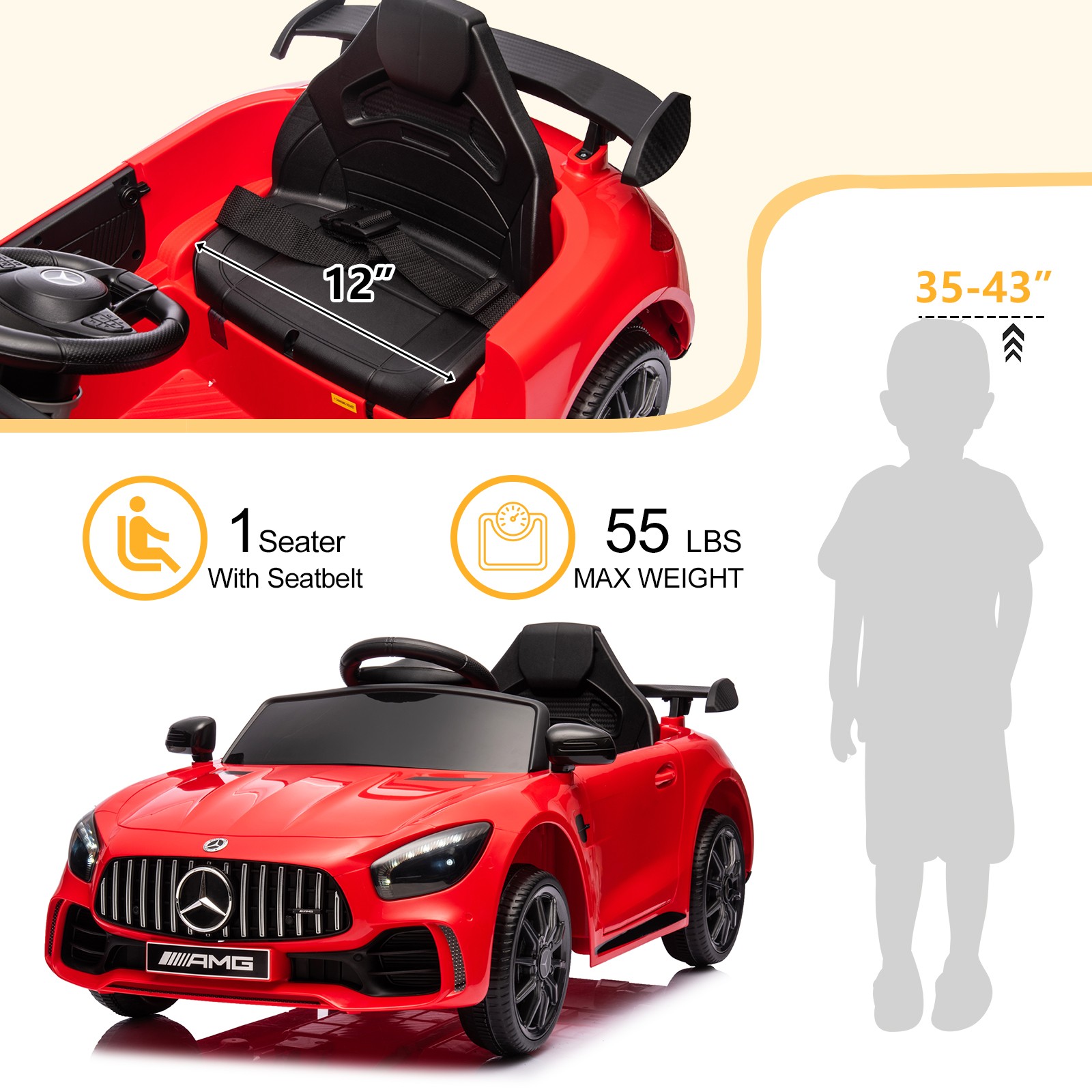 12V Electric Ride on Car Licensed Mercedes-Benz Gift for Kids Aged 3-5 Years-Red