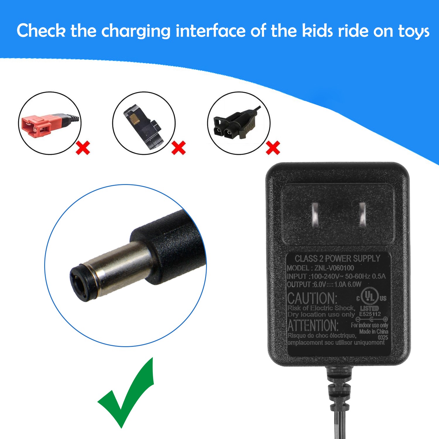 6V Battery Charger for Ride On Toys, 6 Volt Ride On Cars Jeep SUV Power Adapter