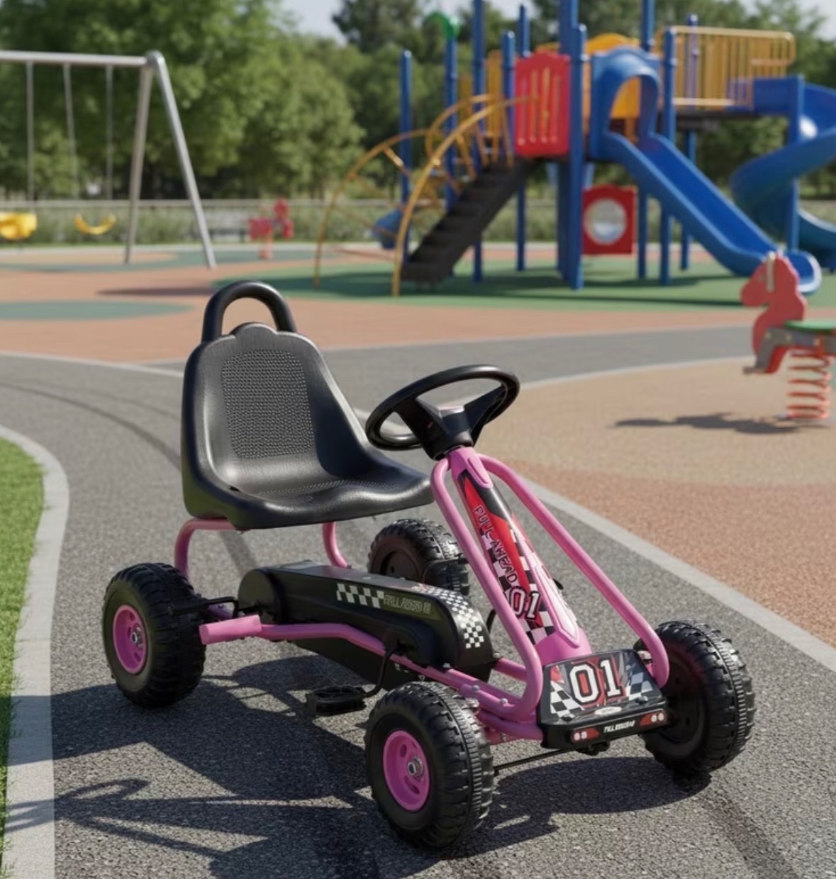 Pedal Go Kart, 4-Wheel Pedal Powered Ride On with Adjustable Seat, Handbrake
