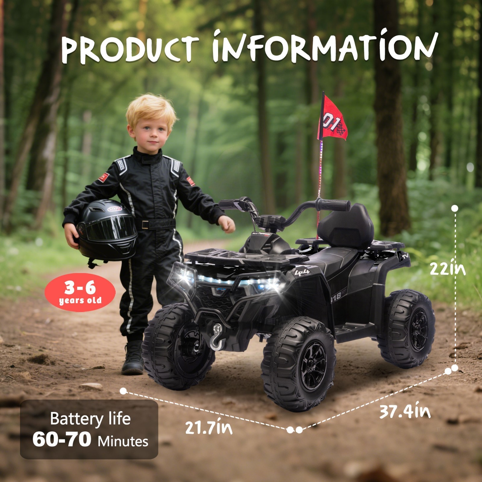 24V Kids Ride on ATV Electric Power Wheels Off-Road Quad Car W/ Bluetooth Music