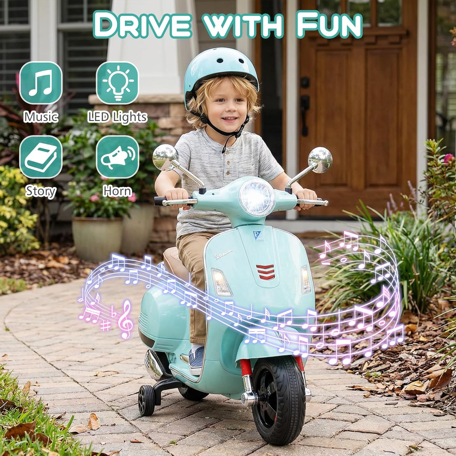 Licensed Vespa 12V Kids Motorcycle by with Training Wheels, Music, Story, Horn,