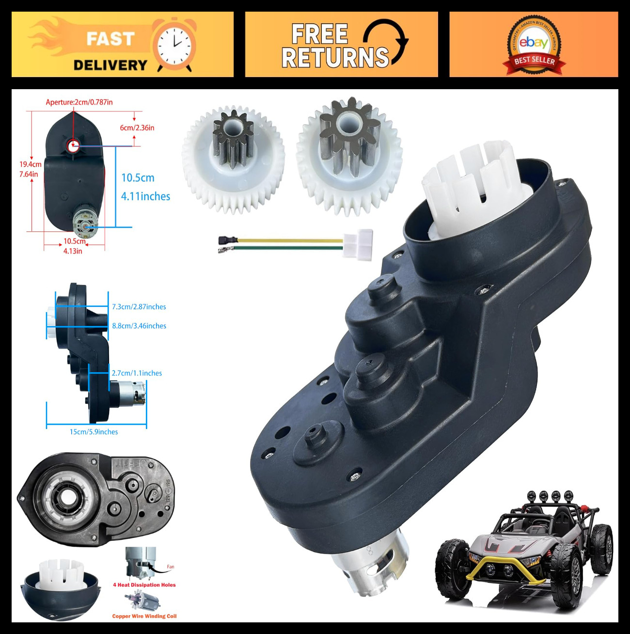 High-Speed 12V Gearbox Motor Upgrade for Kids Ride-On Cars, 40000RPM Replacement