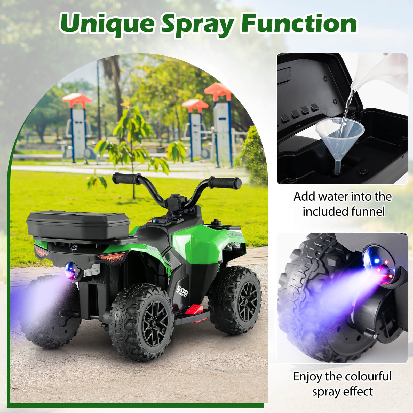 6V Kids Ride On ATV w/ Music & Spray Function USB Port Storage Box Toy Car