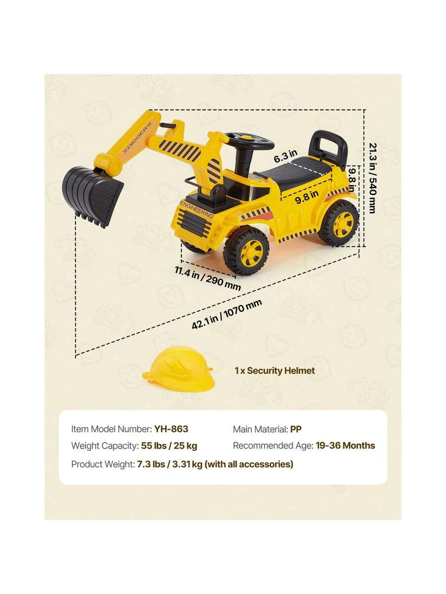 Ride Toddler Car Push 19 36 Months Excavator Digger Toy Helmet Music 55 Lbs Load