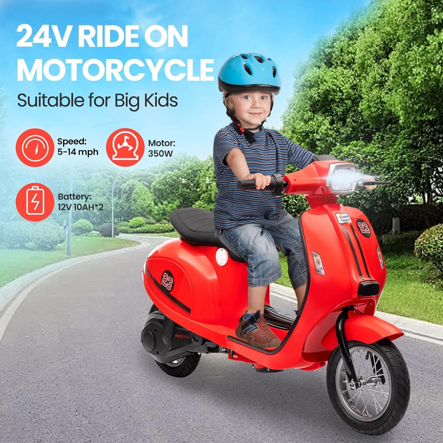 24V 350W Kids Motorcycle Electric Moped Scooter Motorbike Toy with LED for 8-12Y
