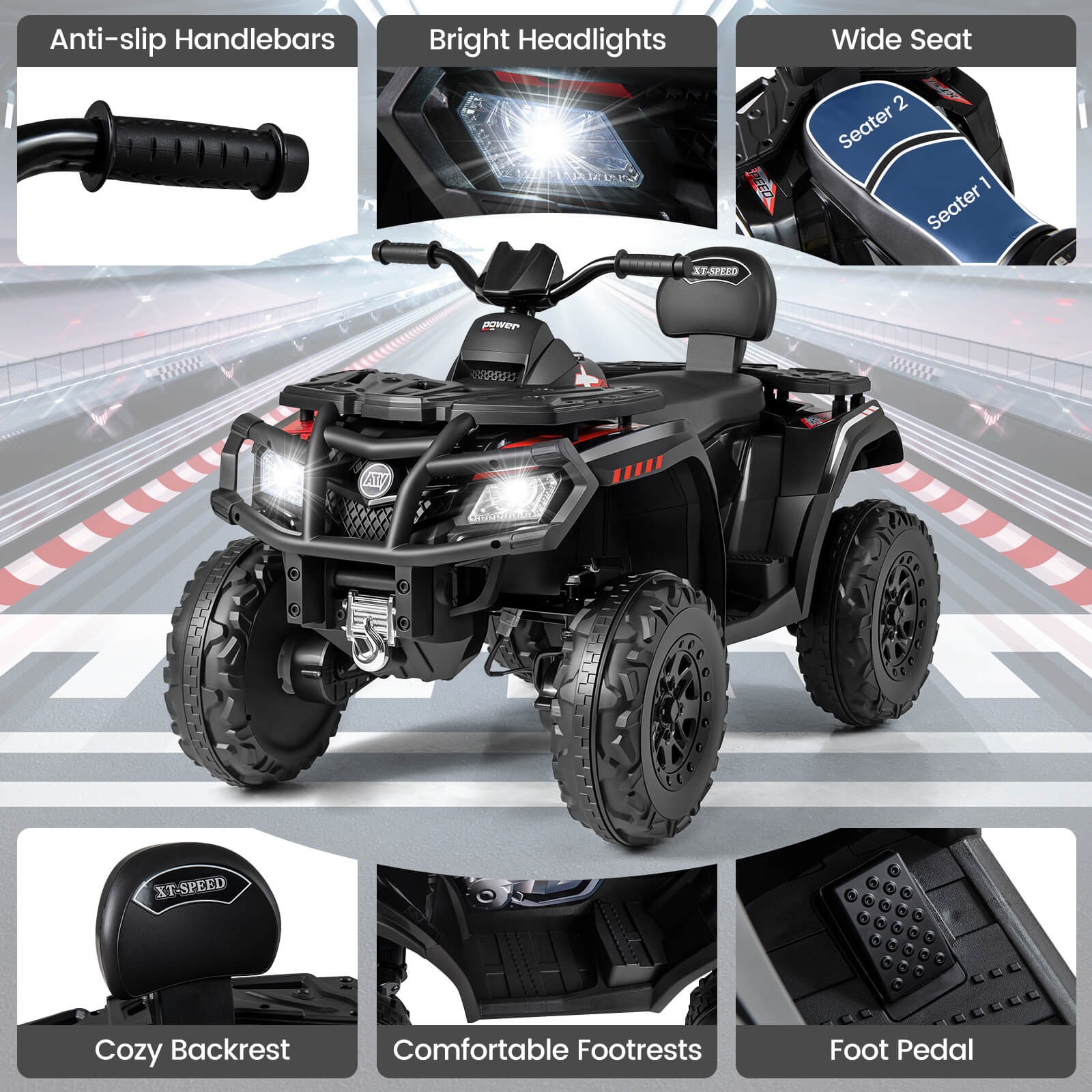 24V 2-Seater 4-Wheeler Quad Electric Vehicle w/ 4 Motors, Soft Start LED Lights