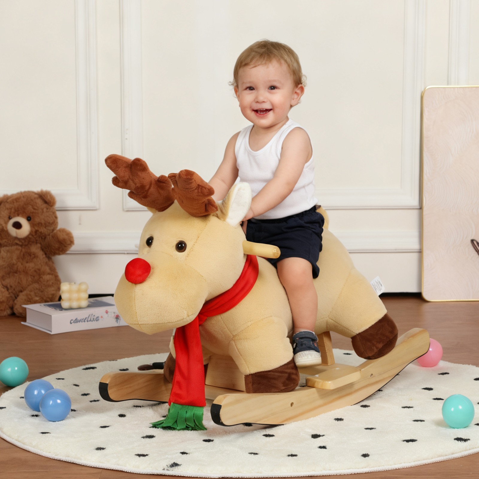 Kids Plush Moose Rocking Ride-On Toy Music Safety Belt 1-3 Years CPC Certified