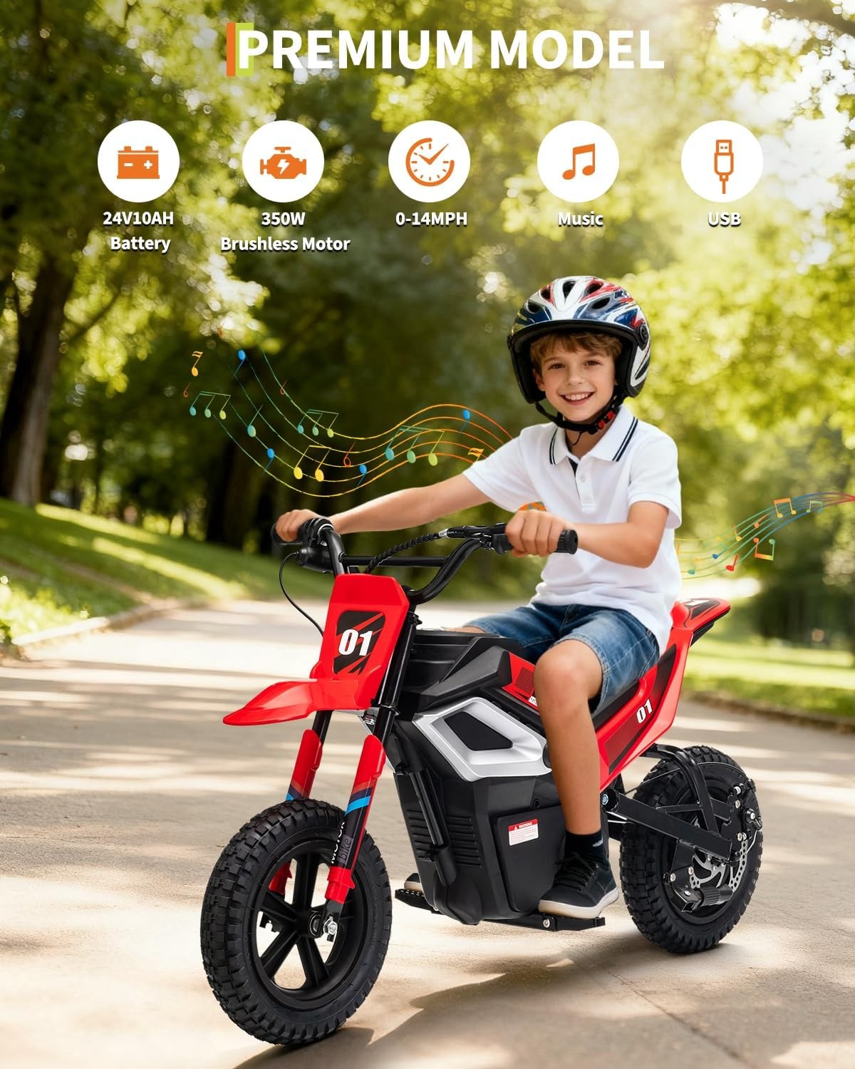 24V 350W Kids Electric Dirt Bike, 13.67 MPH, 12-Mile Range with Rear Suspension