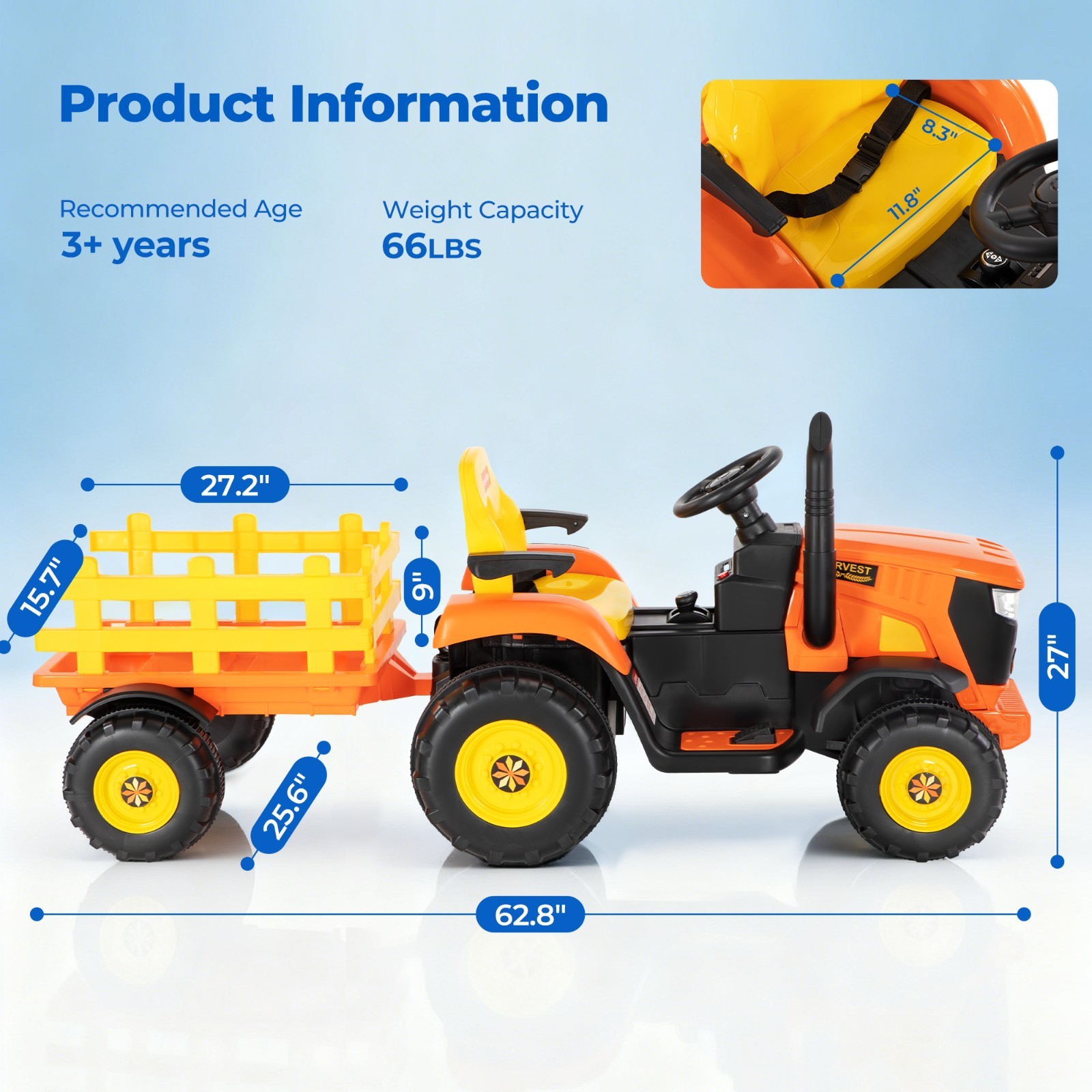 24V Electric Kids Ride On Tractor with Detachable Trailer 2x80W Motors EVA Tires
