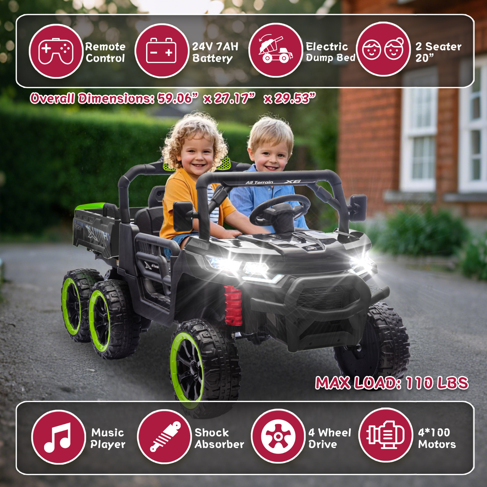 24V Kids Ride on Toy Electric Dump Truck 2 Seater Power Wheels UTV w/Remote,LED