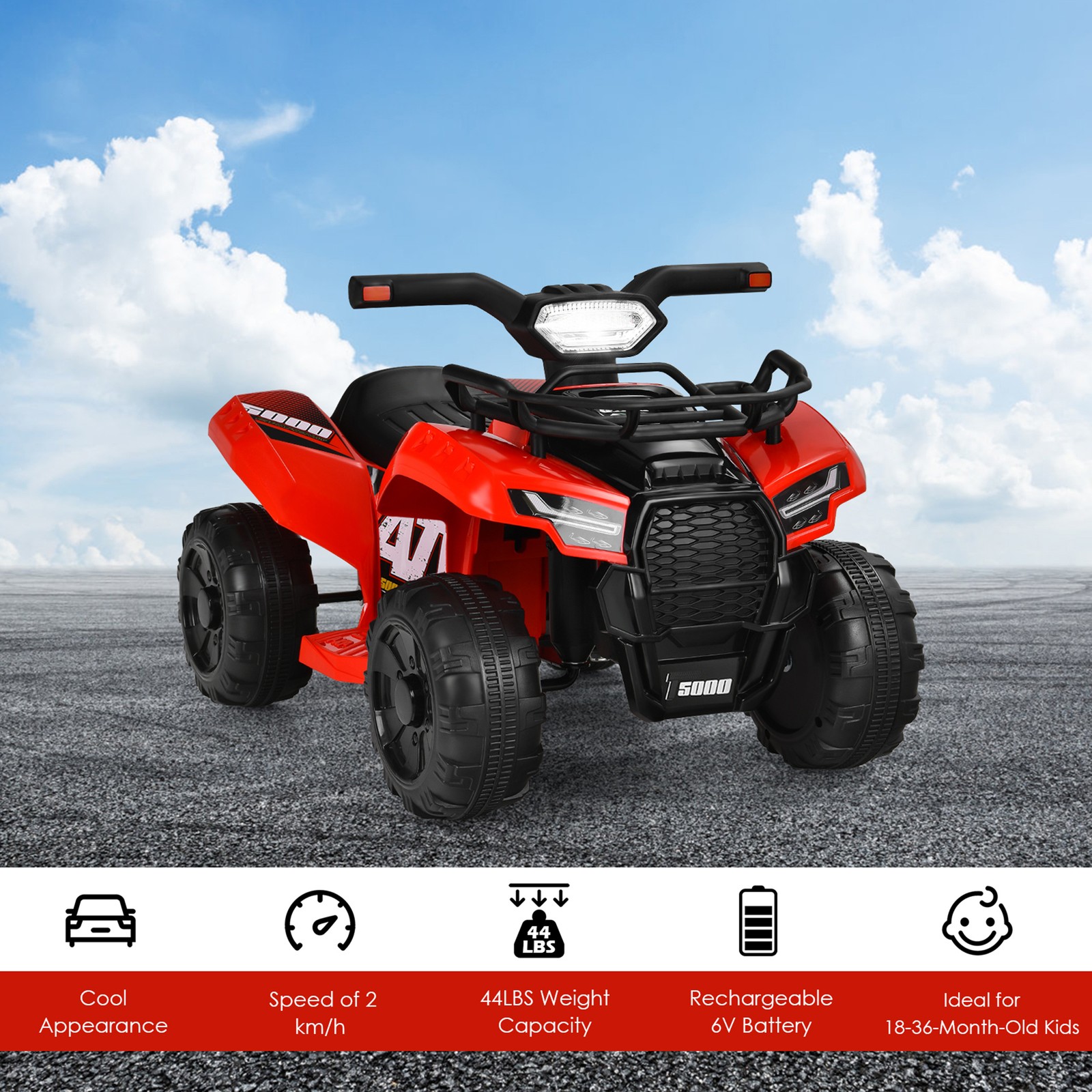 6V 4 Wheels ATV Quad Ride On Car Kids Ride-On Toy w/ Music Horn LED Light Red
