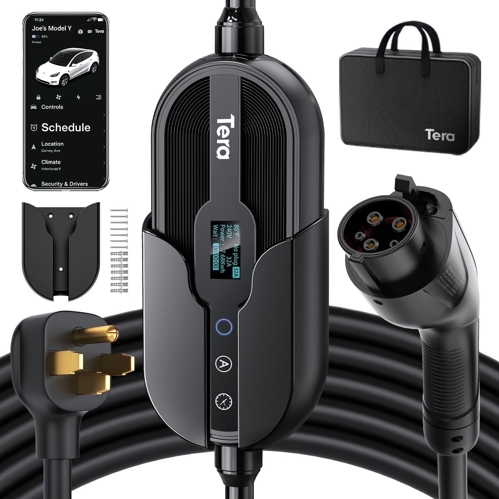 Tera Electric Vehicle Charger for Tesla: Level 1 & 2 J1772 32A 8A 110V 240V E…