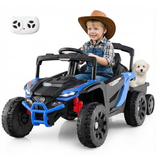 Kids Ride On UTV Car with Detachable Trailer – 12V Battery – Blue with Trailer