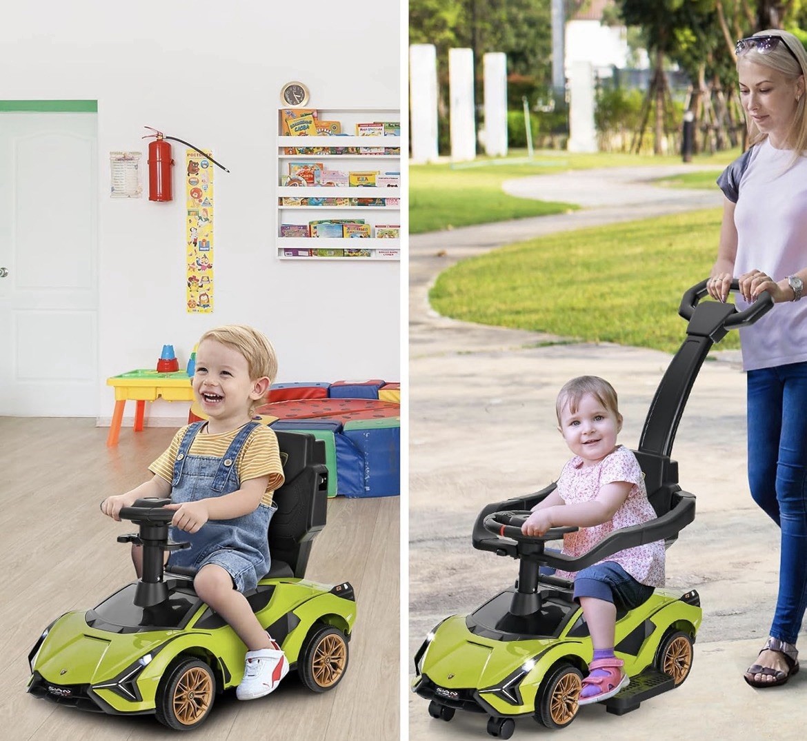 3-in-1 Licensed Lamborghini Ride on Push Car Stroller Sliding Car w/ Sound Green