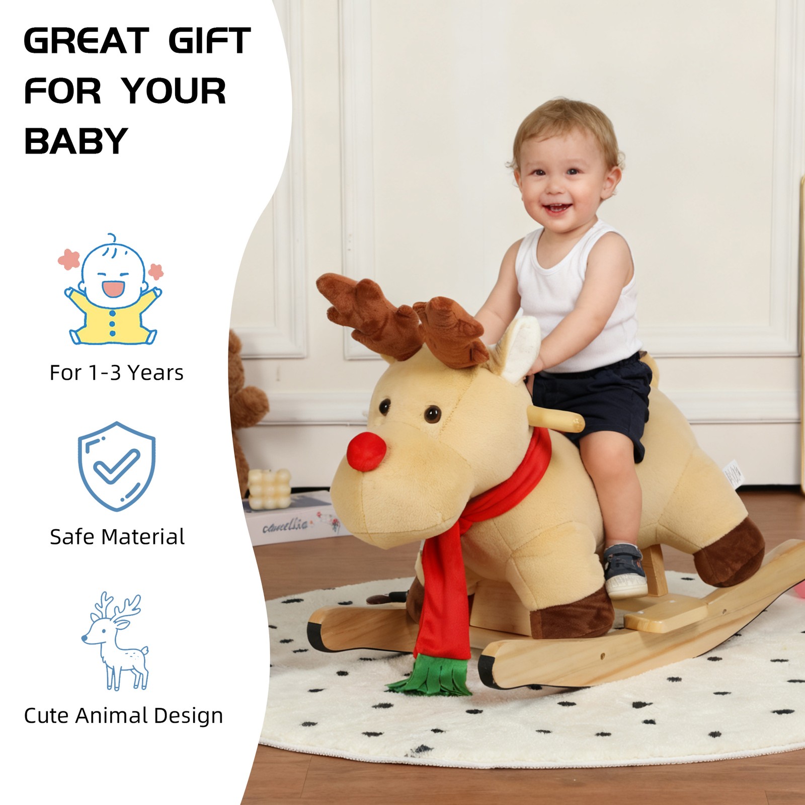 Kids Plush Moose Rocking Ride-On Toy Music Safety Belt 1-3 Years CPC Certified