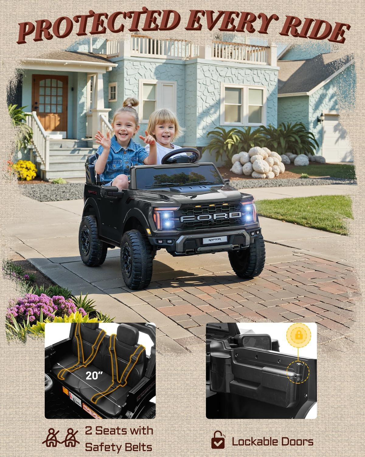 24V Ride on Toys for Big Kids, Licensed Ford F-150 Raptor 2 Seater Kids Ride on