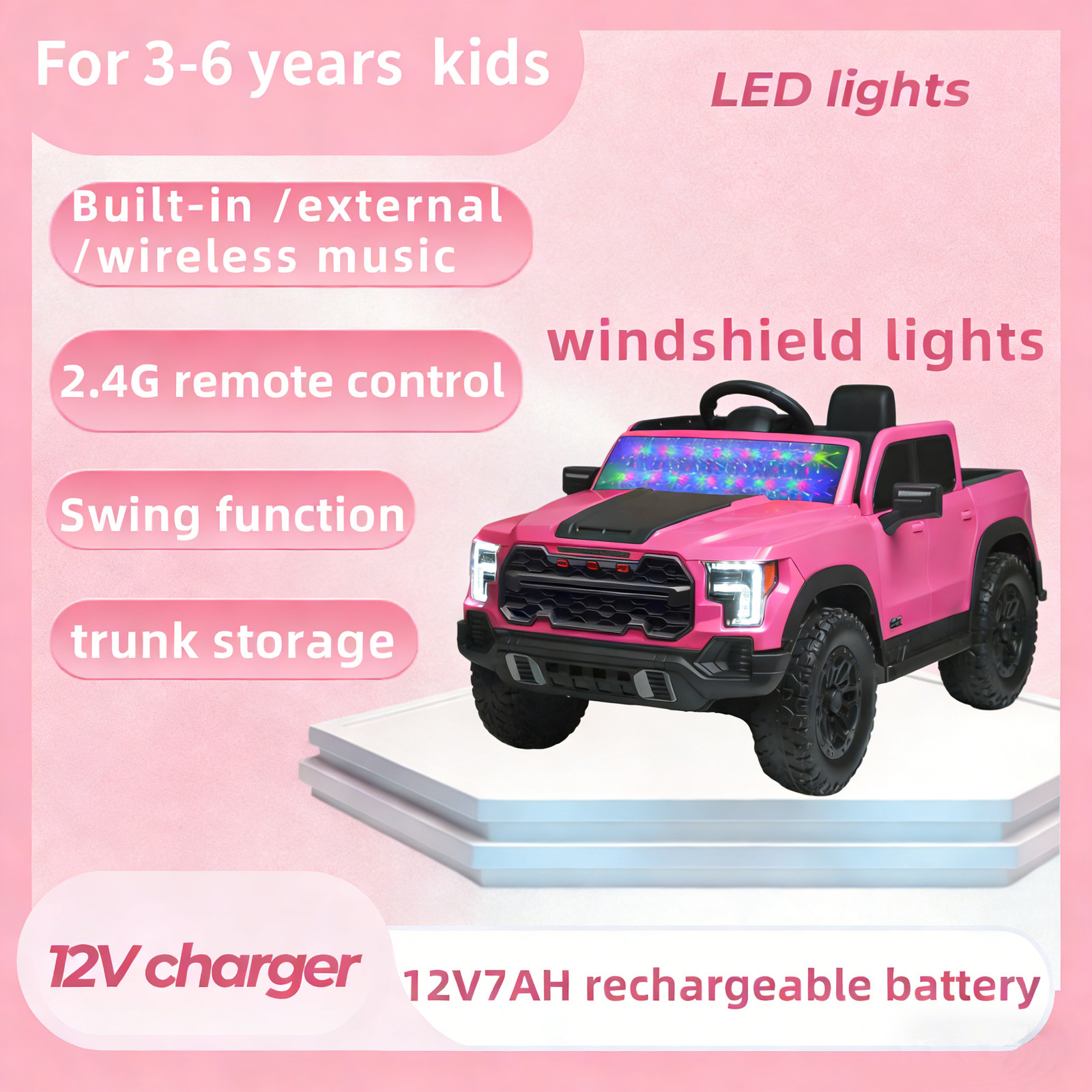 12V Kids Ride-On Car Remote Control, 4-Wheel Shock Absorption 3-6 Years Pink
