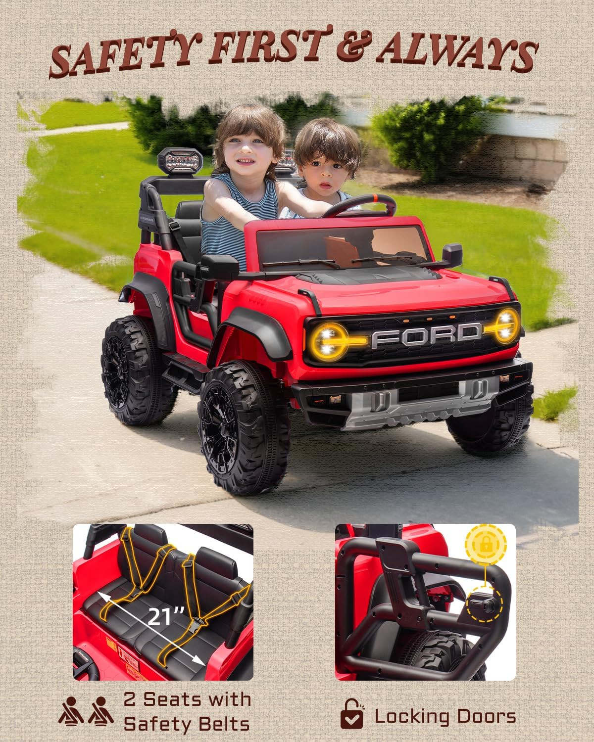 Ford Bronco 24V Ride on Toys for Boys & Girls, 2 Seater Kids Electric Car with R