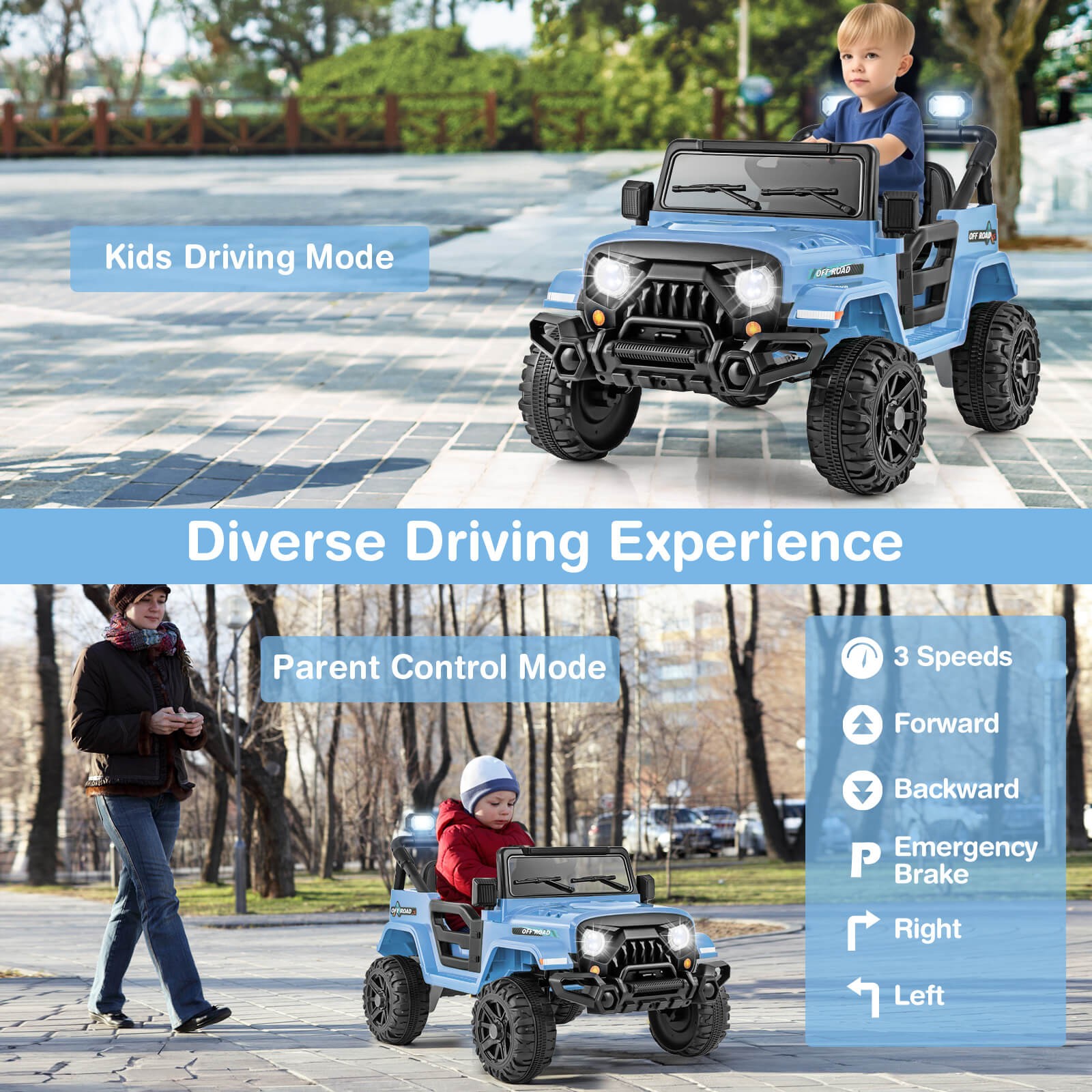 12V Kids Ride on Truck Car w/Remote Control, Threaded Wheels 3 Speeds LED Lights
