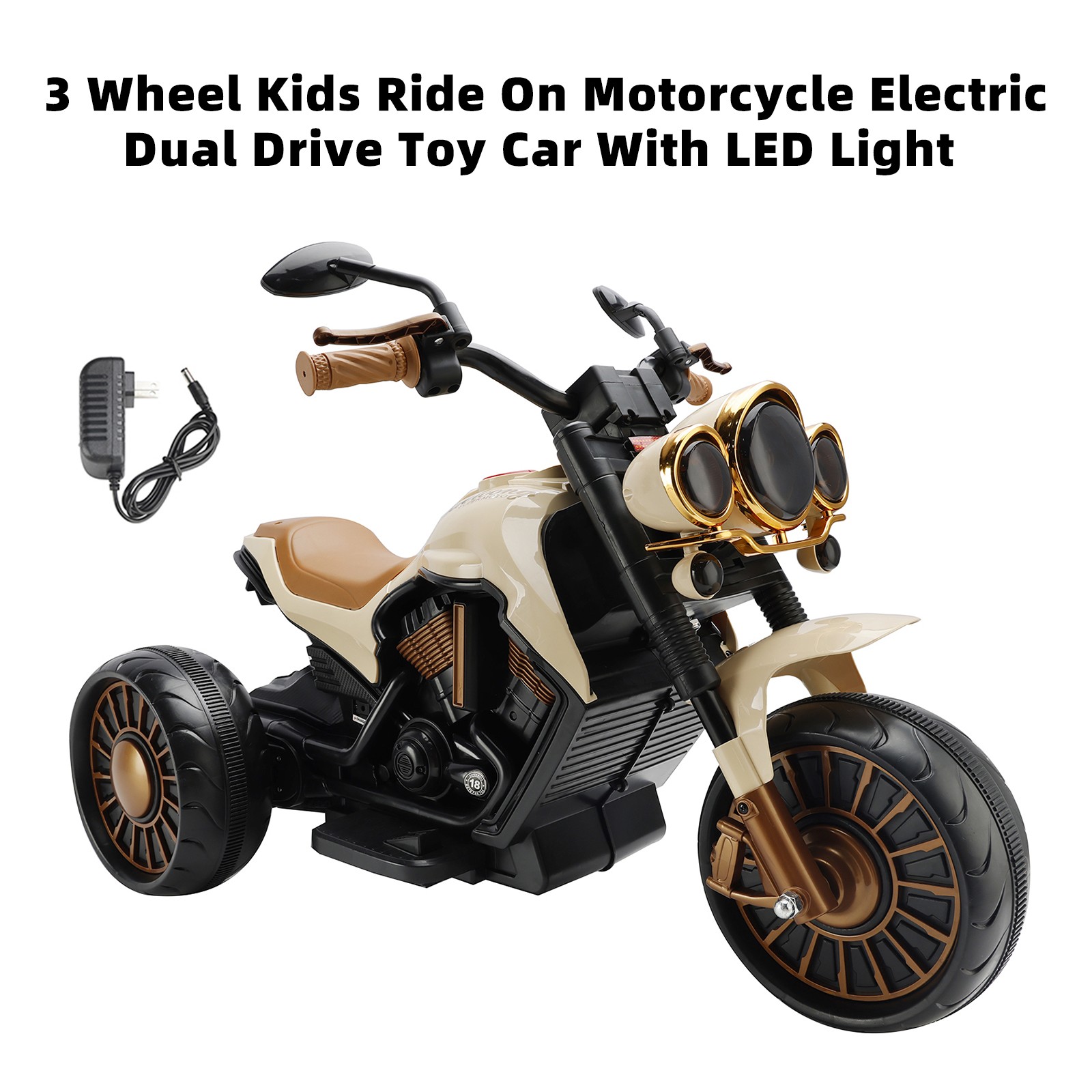 3 Wheel Kid Ride On Motorcycle Electric Dual Drive Toy Car With LED Light Brown