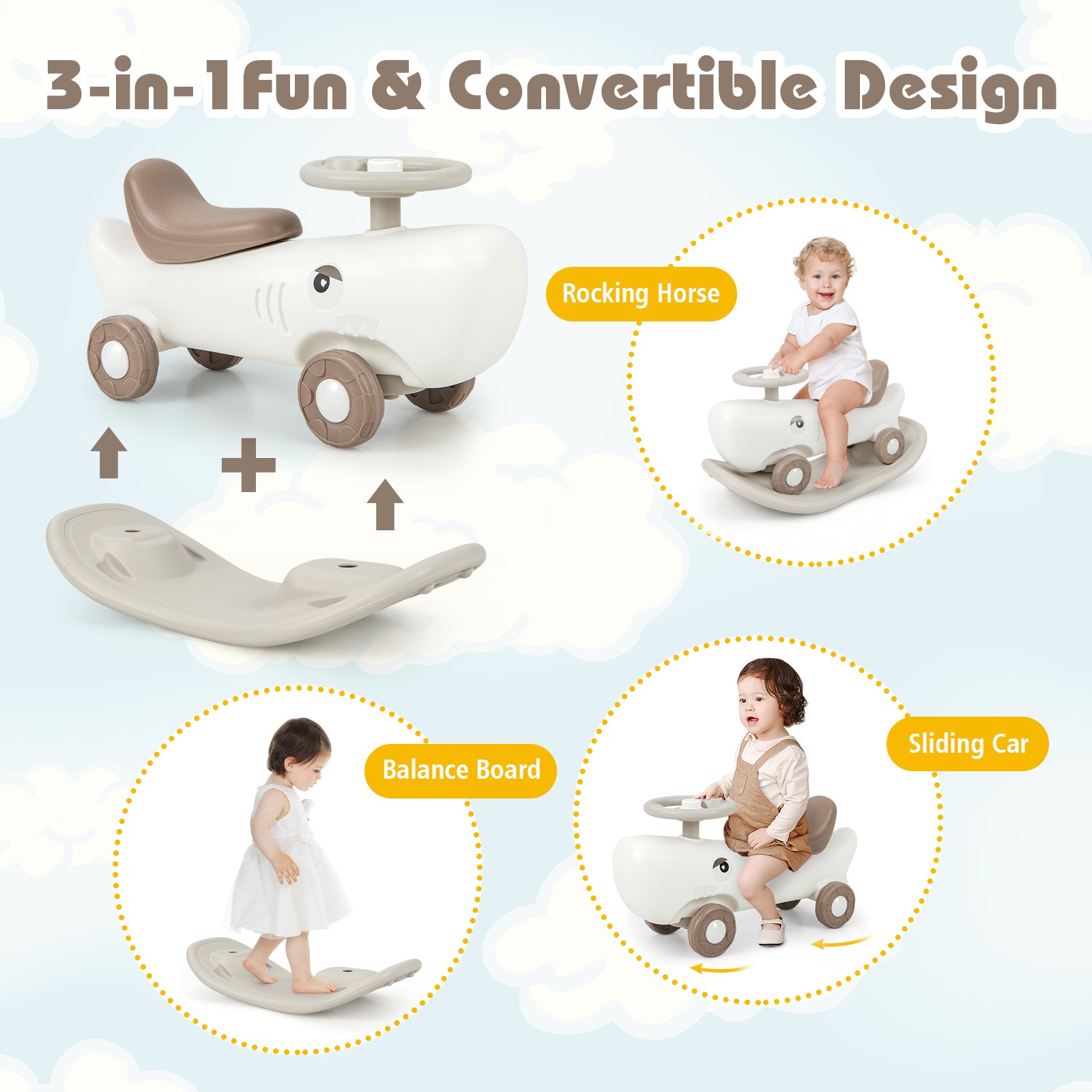 Kids 3-in-1 Rocking Horse & Sliding Car w/ Smooth Wheels & Anti-slip EVA Strips