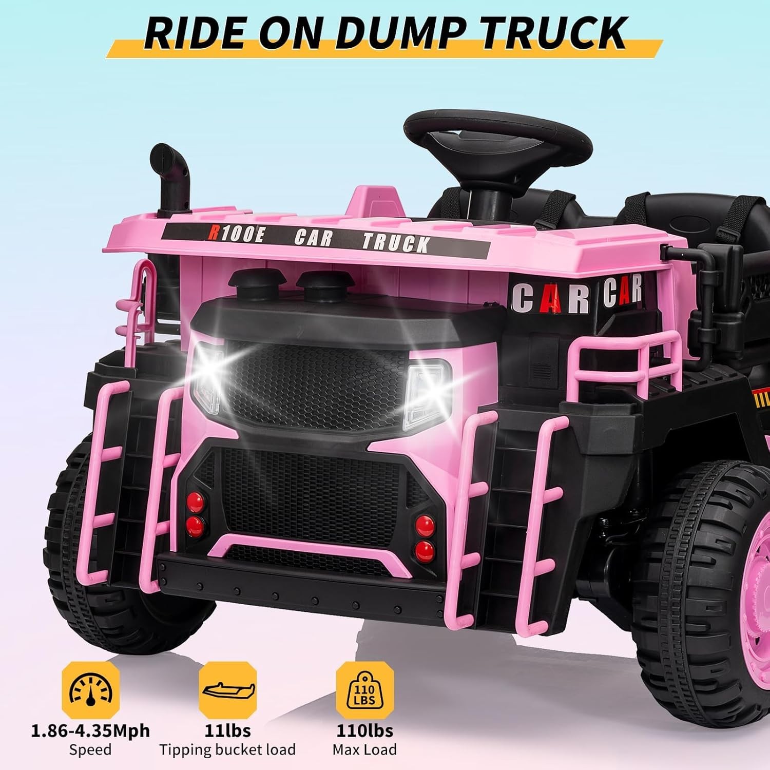 24V Kids Dump Truck, 4.4MPH 4WD + Remote Shock Absorption & LED Lights, 2 Seater