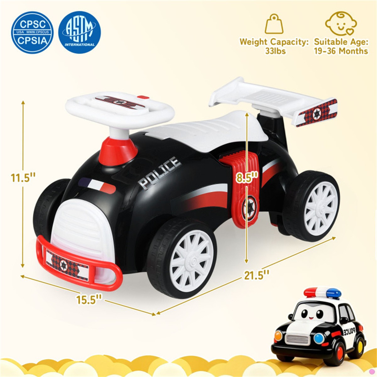 Toddler Ride On Sliding Car with Music Storage Seat for 1-3 Years Police Theme