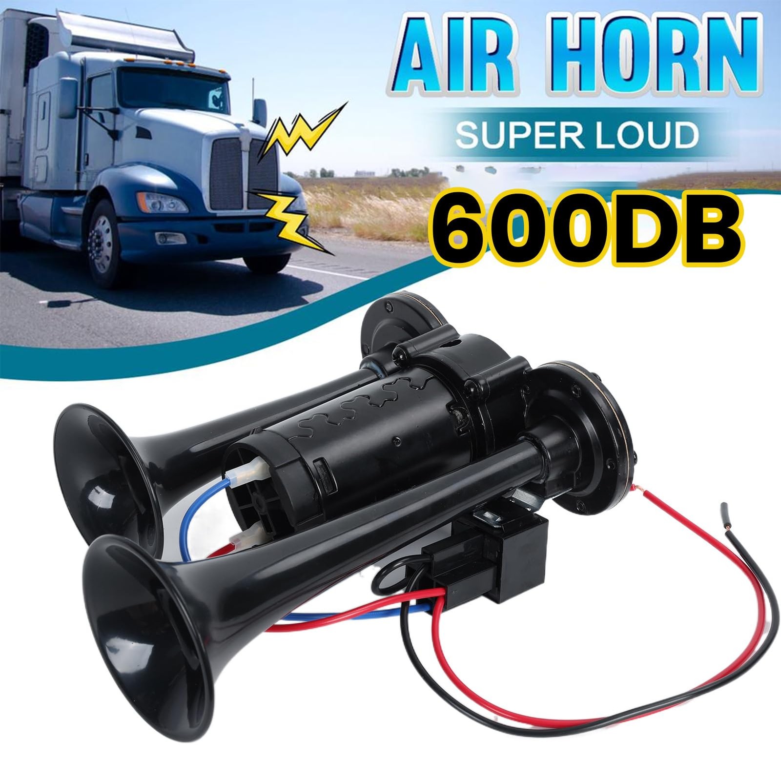 600dB Super Loud Dual Electric Air Horn Kit Compressor Black Vehicle