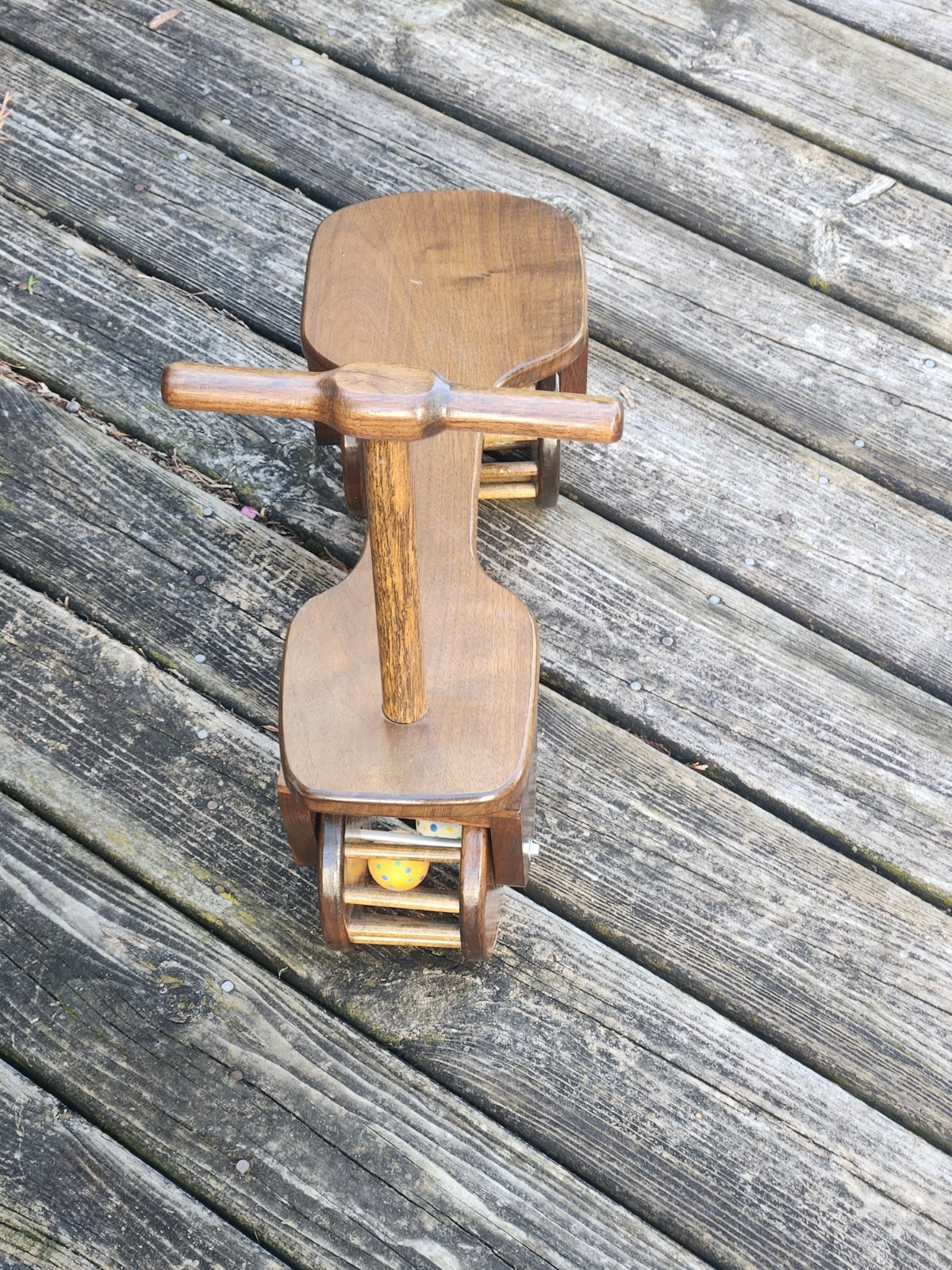 Wood Scooter Handmade Ride On Toy Ping Pong Ball Noise Maker Vintage Folk Art
