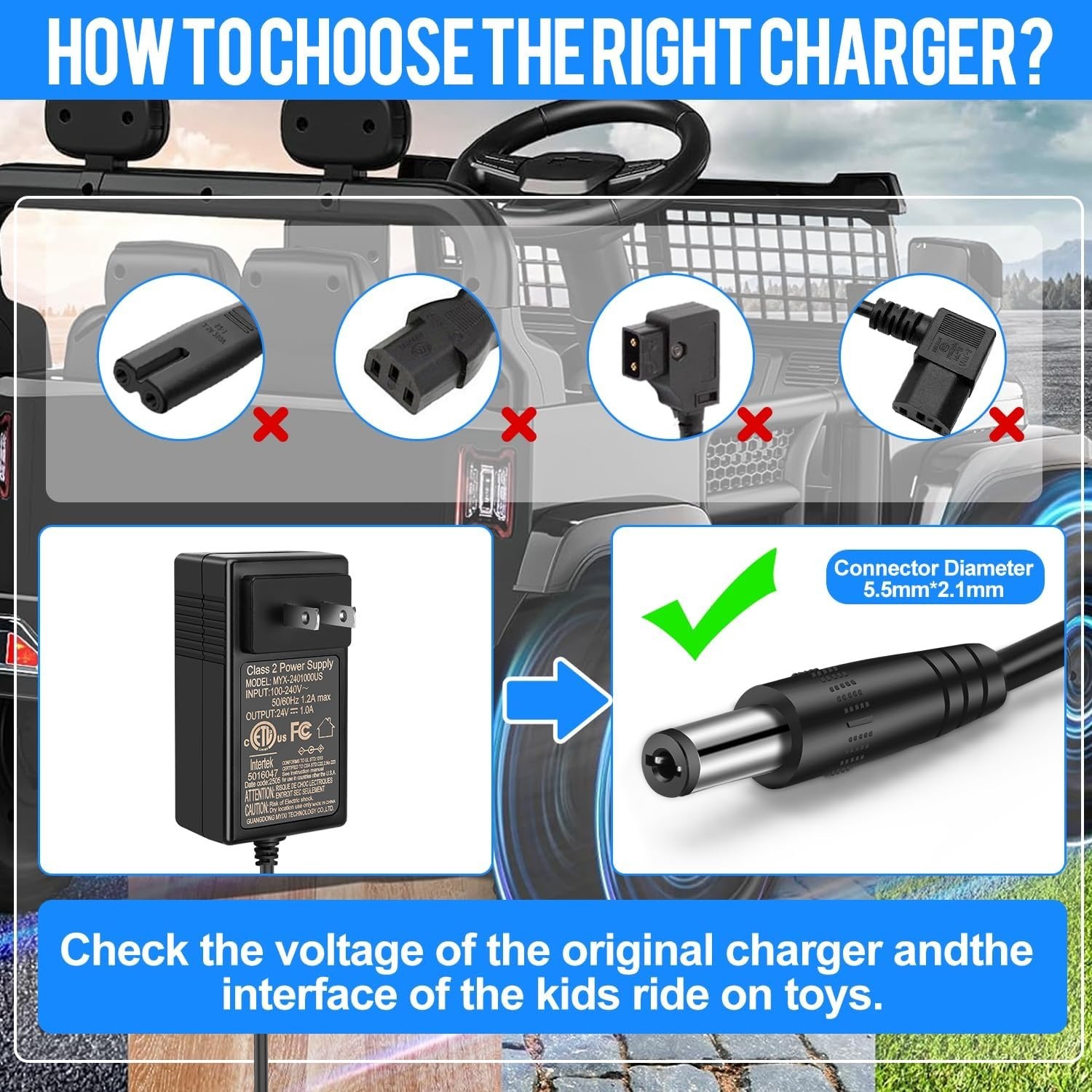 24V Charger for Ride On Toys Car with 6.6Ft Cable, Supply Power DC