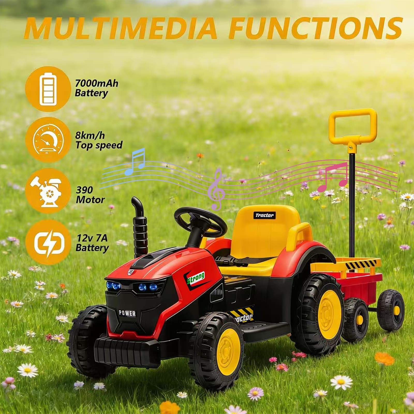 Kids Electric Farm Tractor Ride On Car 12V with Trailer Lights Music Age 3-6