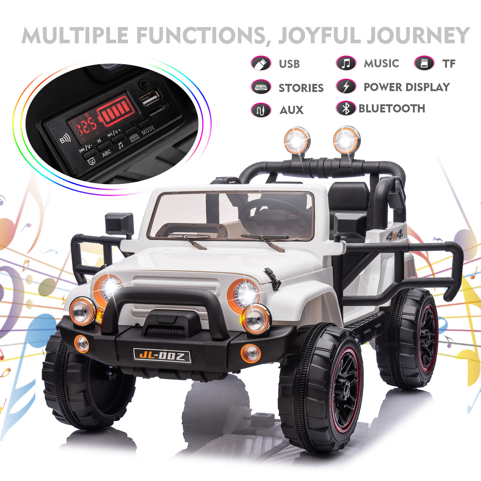 White Two Seater 12V Battery Kids Ride On Car Truck with 3 Speeds,LED,MP3,Remote