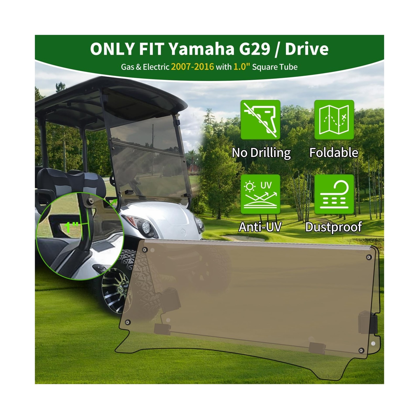 Golf Cart Foldable Windshield 3/16″ (5MM) Thicken Only Fits 2007-2016 Yamaha …