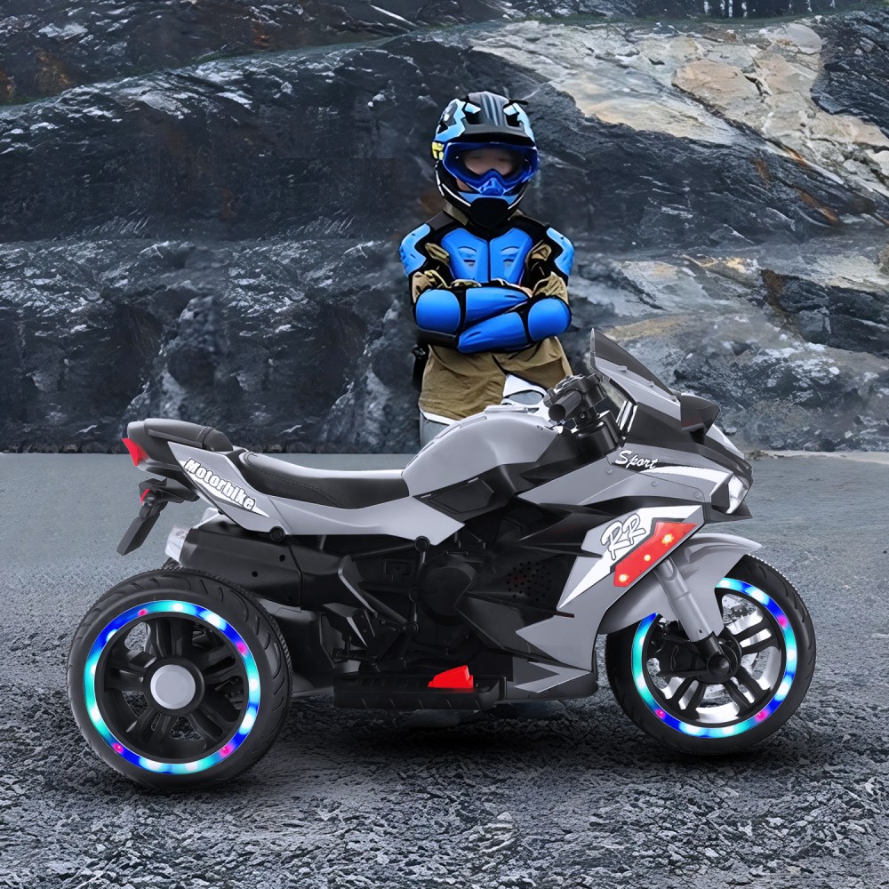 12V Gray Kids Electric Motorcycle, USB MP3 Function, Premium Gift for Kids