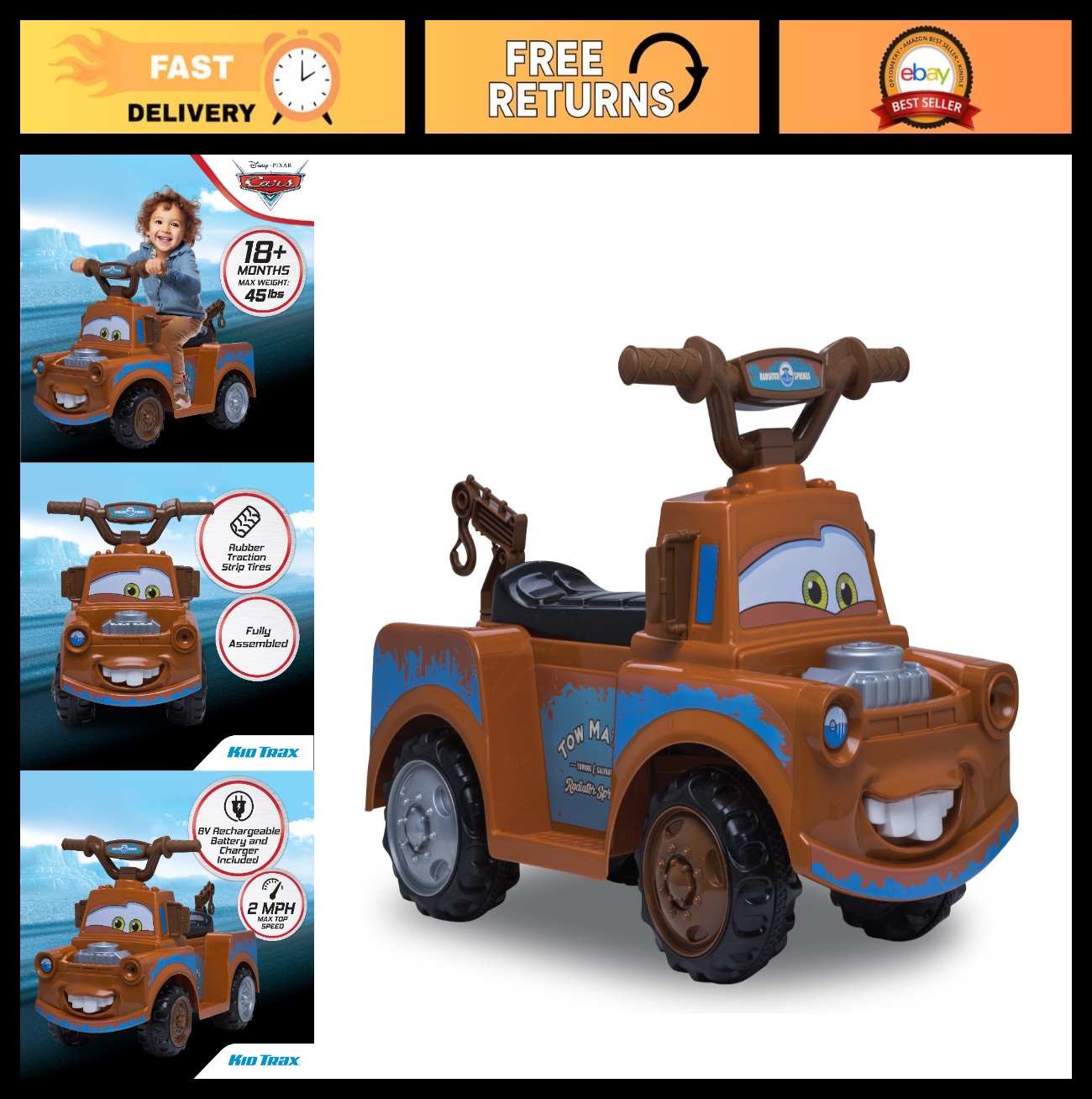 Electric Ride-On Quad for Toddlers – Disney Cars 3 Tow-Mater, 6V Battery, 45 lbs