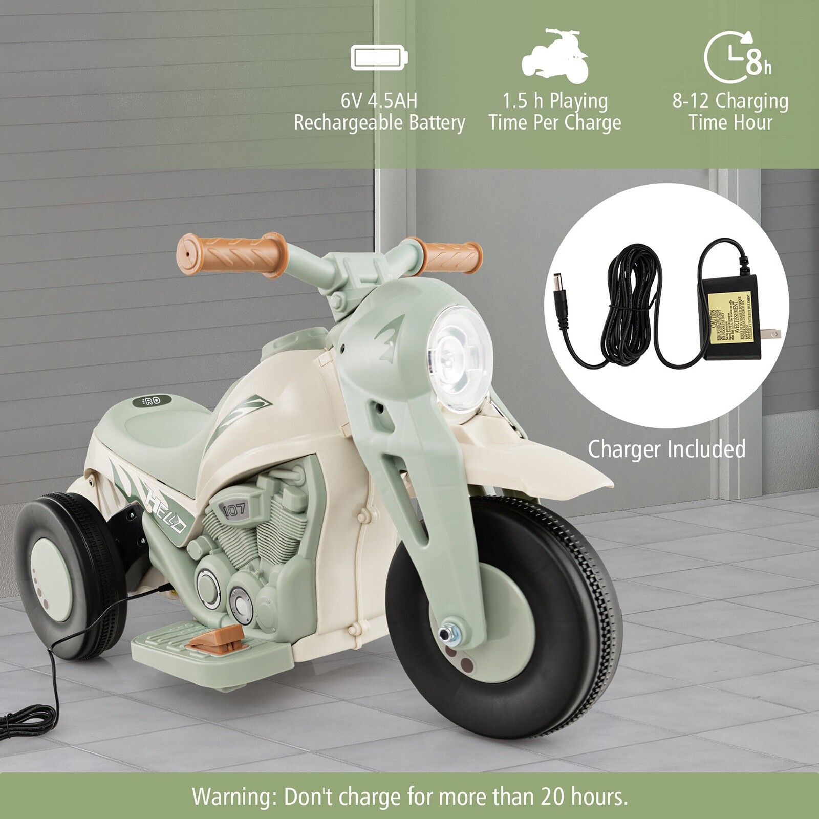 6V Kids Bubble Car Electric Ride On Motorcycle w/Music Button, Headlight Beige