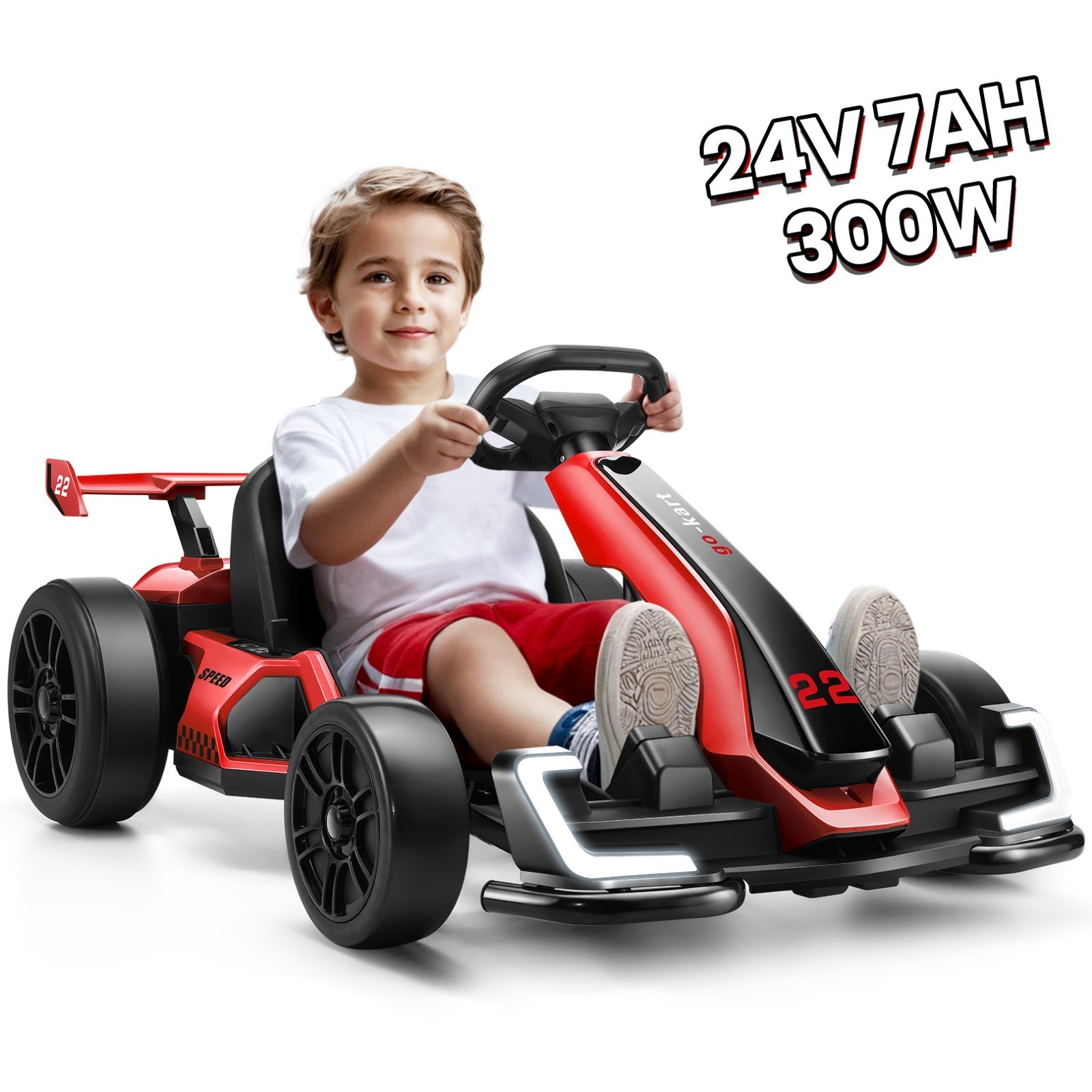 Electric Go Kart for Kids 24V 2x150W Drift Kart 300W Powerful Motor LED Lights